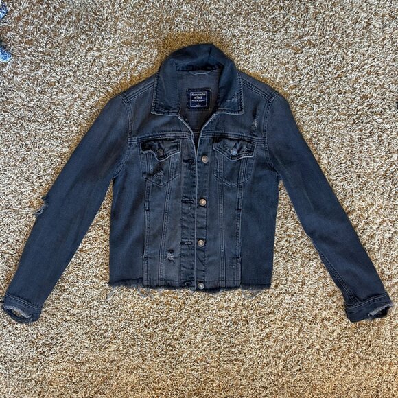 ABERCROMBIE & FITCH Super Distressed Black Jean Jacket with Raw Edge Size Small - Picture 4 of 6